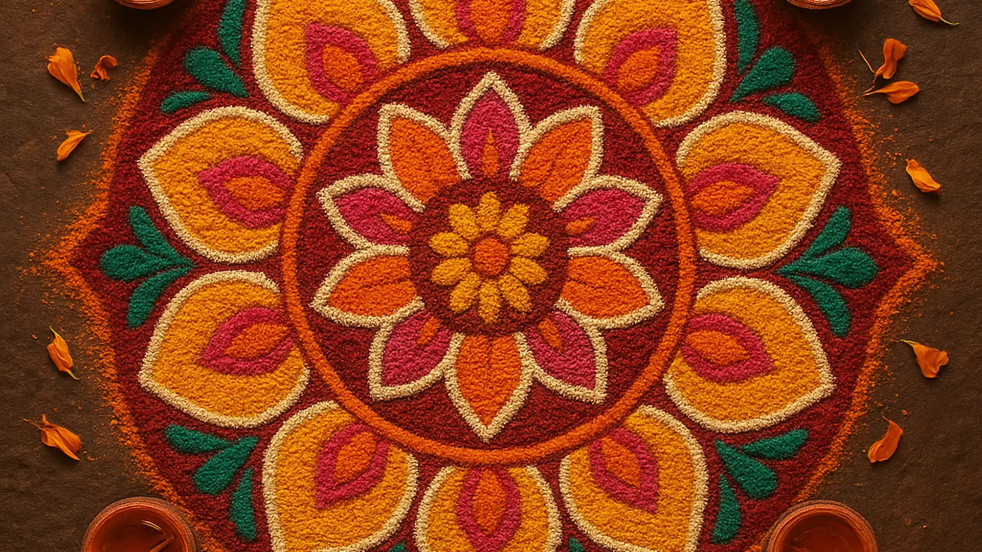 Colourful rangoli pattern photographed from above with marigold petals
